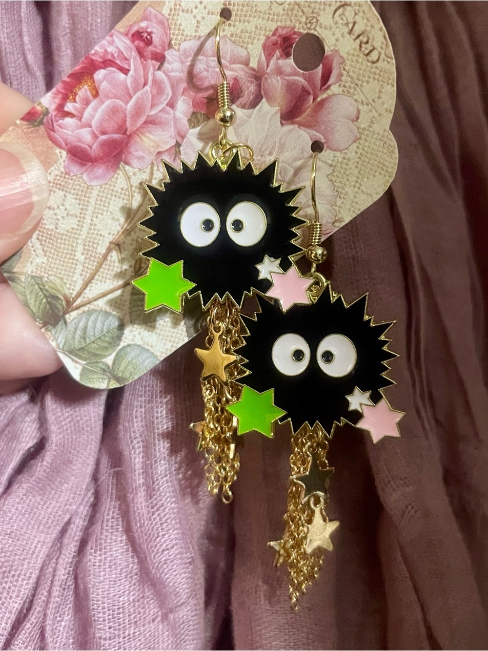Gold Star Tassel Black Soot Sprites Earrings with Pink & Green Stars